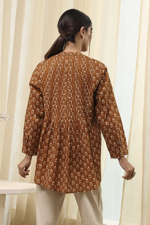 Mustard Brown Cotton Printed Shirt image number 3