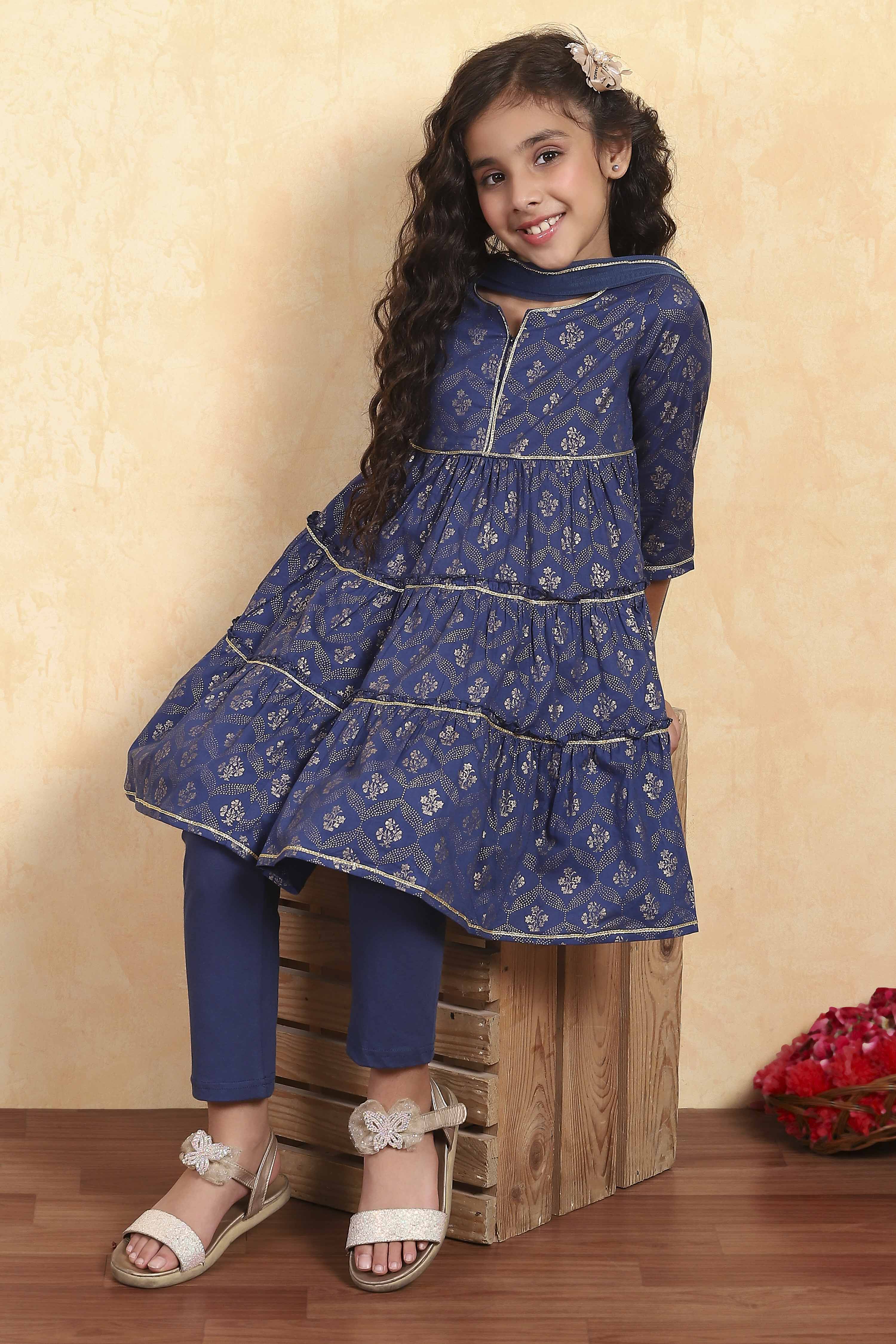 Blue Cotton Tiered Printed Kurta Churidar Set image number 0