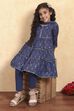 Blue Cotton Tiered Printed Kurta Churidar Set