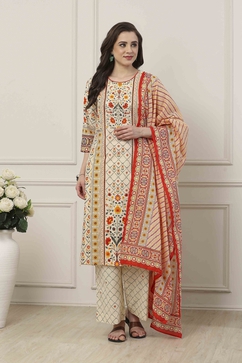 Beige Cotton All-Over Floral Straight Suit Set