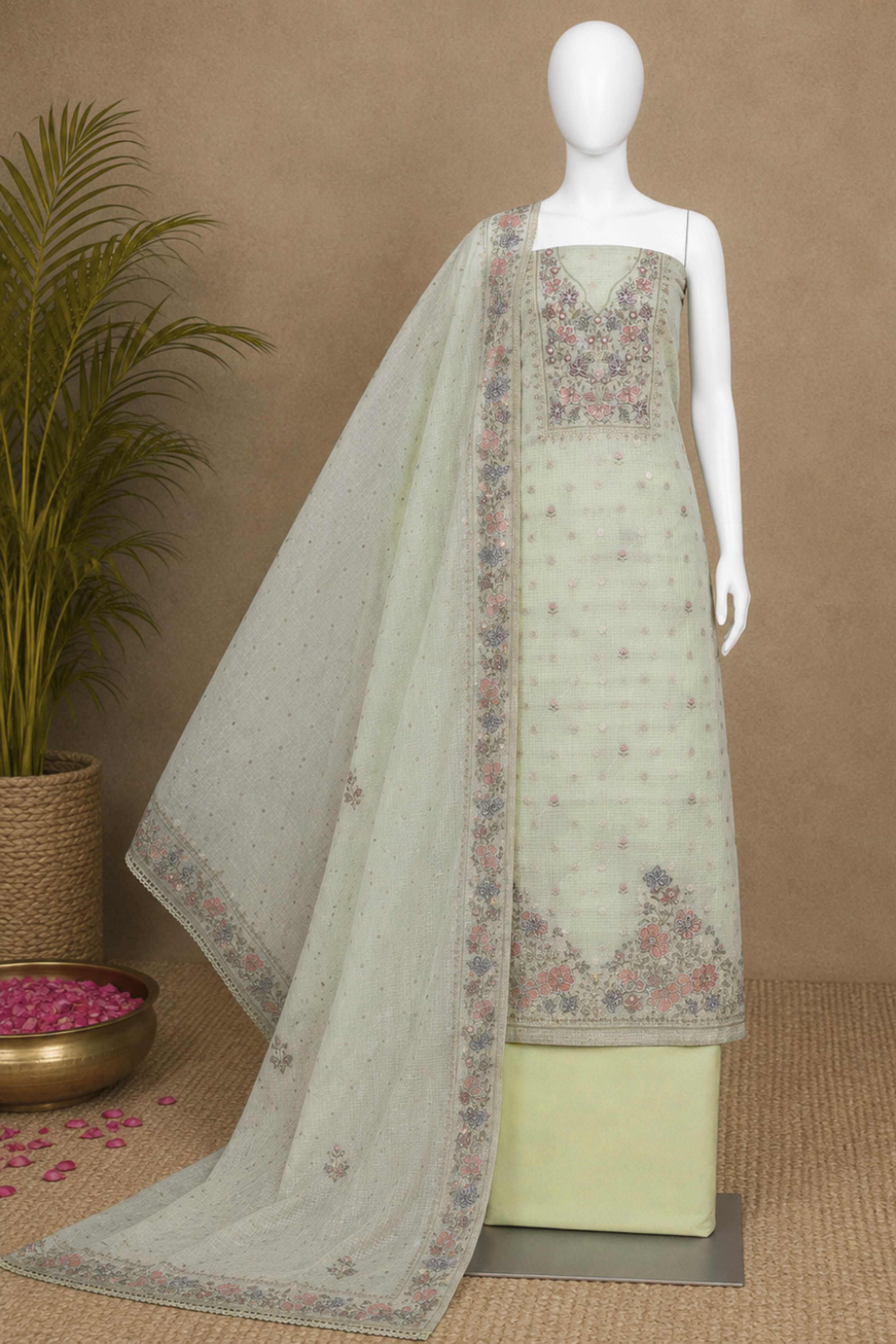 Yellow Kota Cotton Neck Embroidered Unstitched Suit Set image number 4