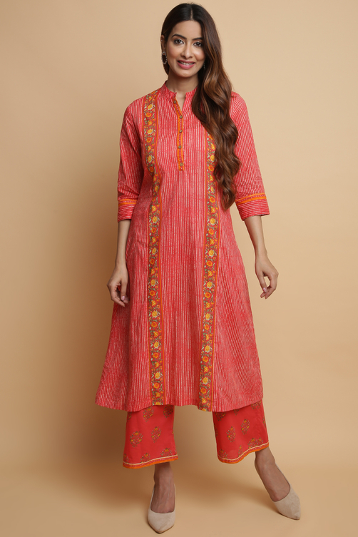 Buy Coral Cotton A-Line Kurta Palazzo Suit Set Online at Biba India