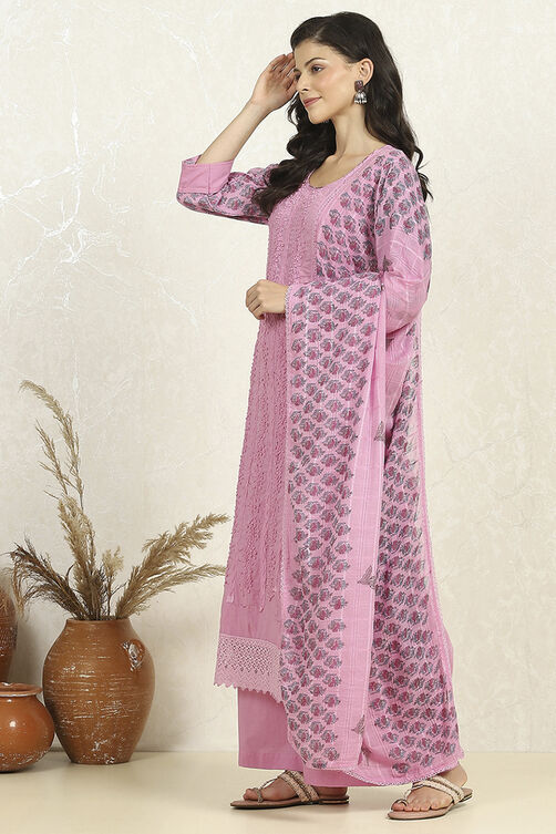 Purple Cotton Unstitched Suit Set image number 4