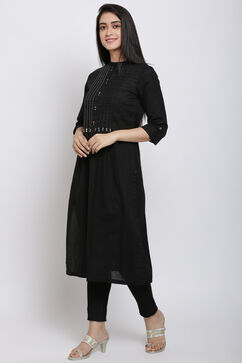 Black Cotton Flax Straight Kurta image number 2