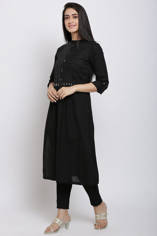 Black Cotton Flax Straight Kurta image number 2