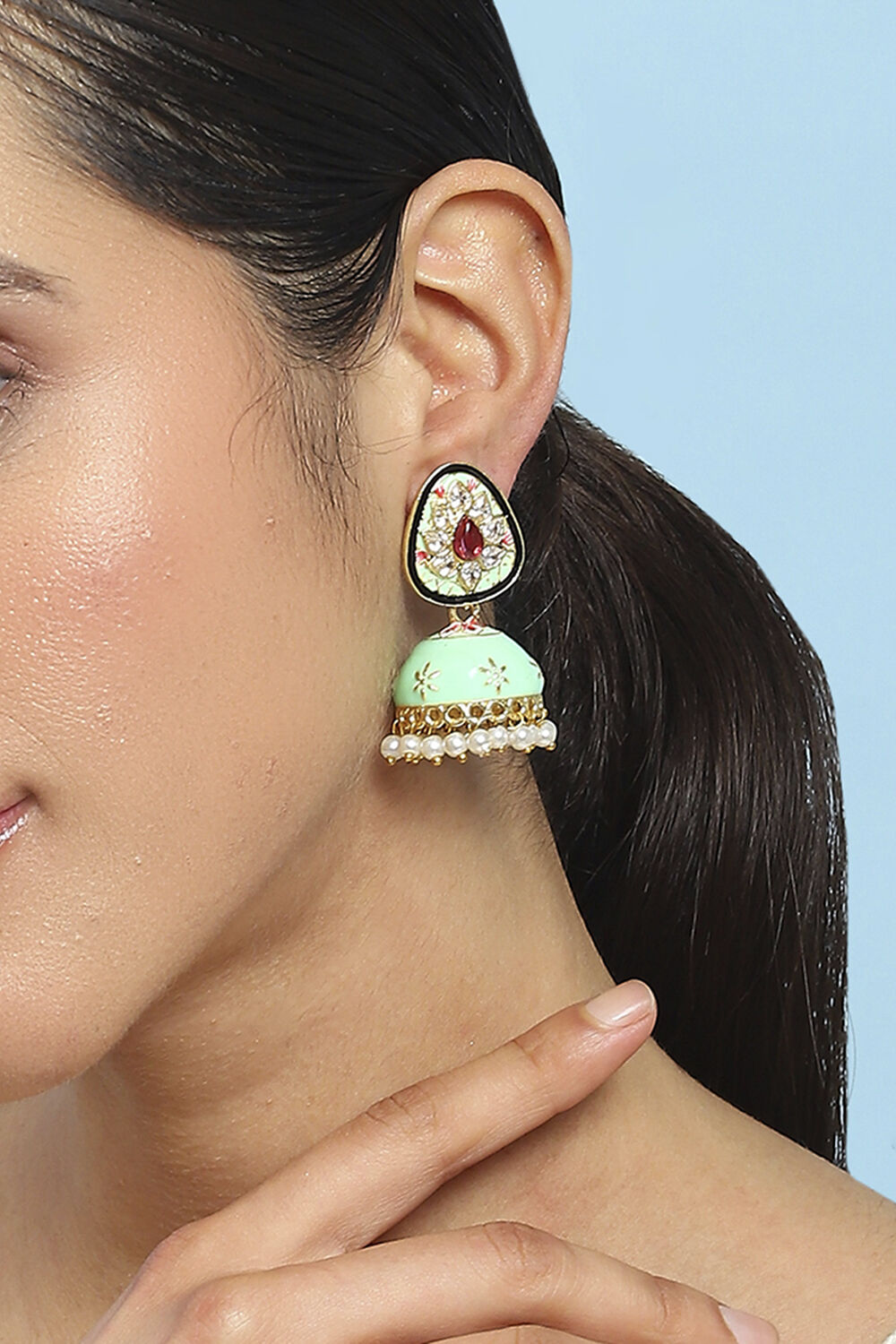 Mint Green Brass Jhumka image number 1