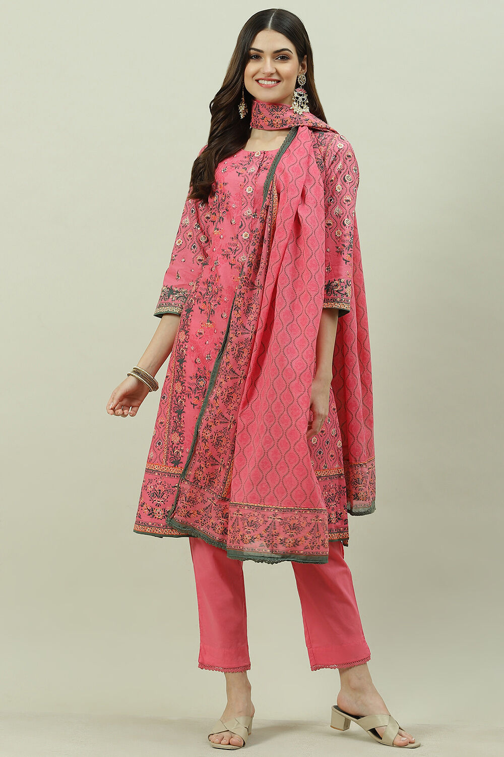 Pink Cotton Straight Kurta Slim Pant Suit Set image number 0