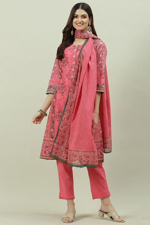 Pink Cotton Straight Kurta Slim Pant Suit Set image number 0