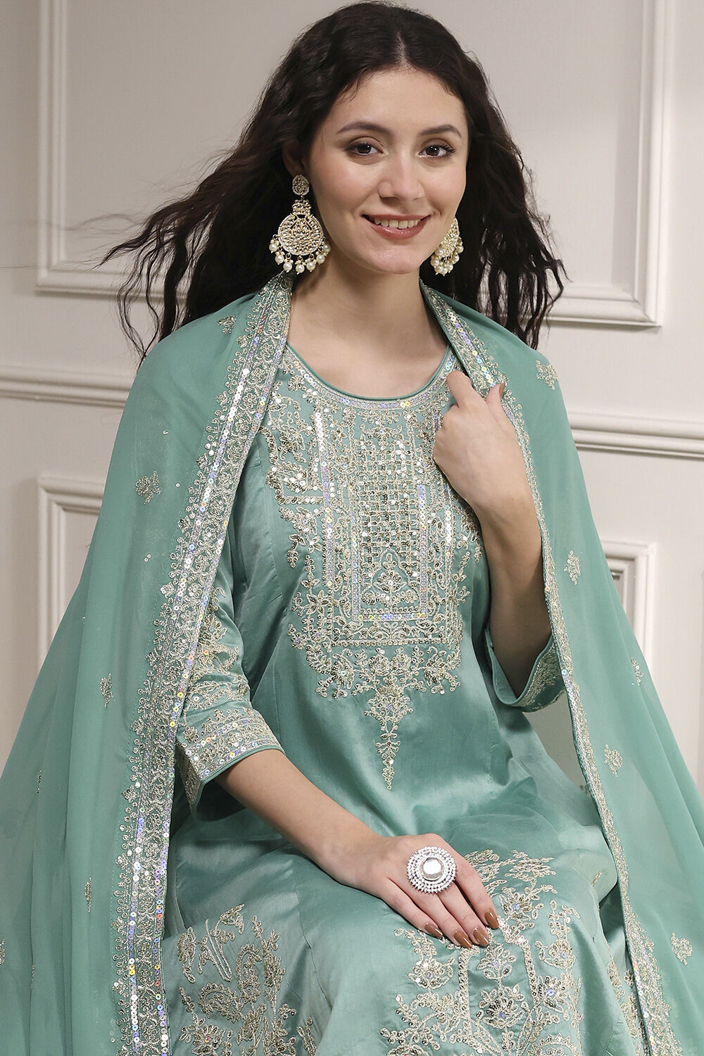 Off-White Cotton Silk Embroidered Kalidar Suit Set image number 7