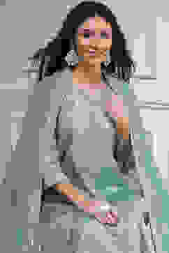 Sea Blue Cotton Silk Embroidered Kalidar Suit Set image number 7