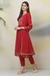 Red Art Silk A-Line Kurta Slim Pant Suit Set image number 5