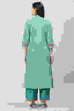 Teal Printed Cotton A-Line Kurta Palazzo Suit Set image number 4