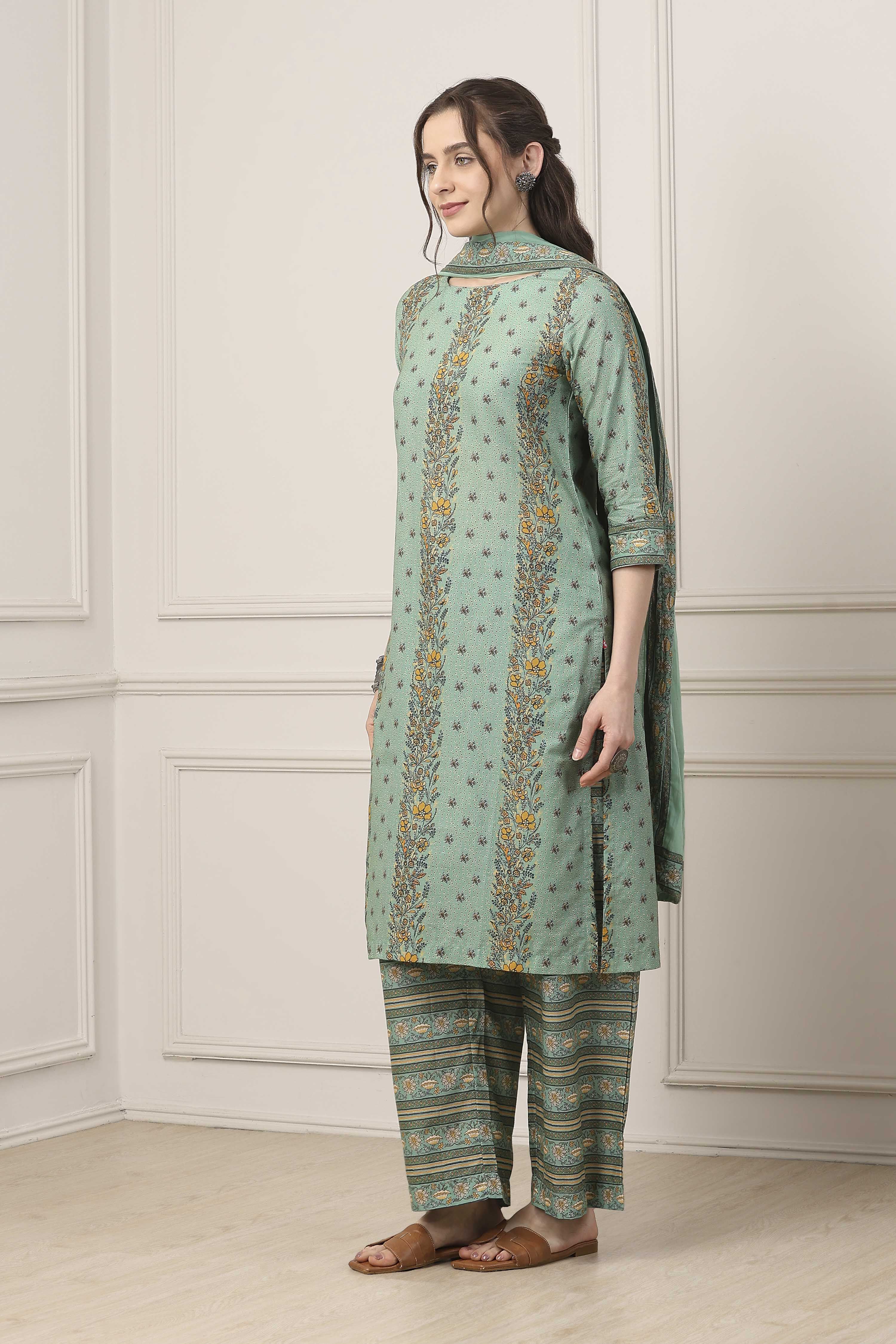 Sage Green Printed Cotton Straight Suit Set image number 3