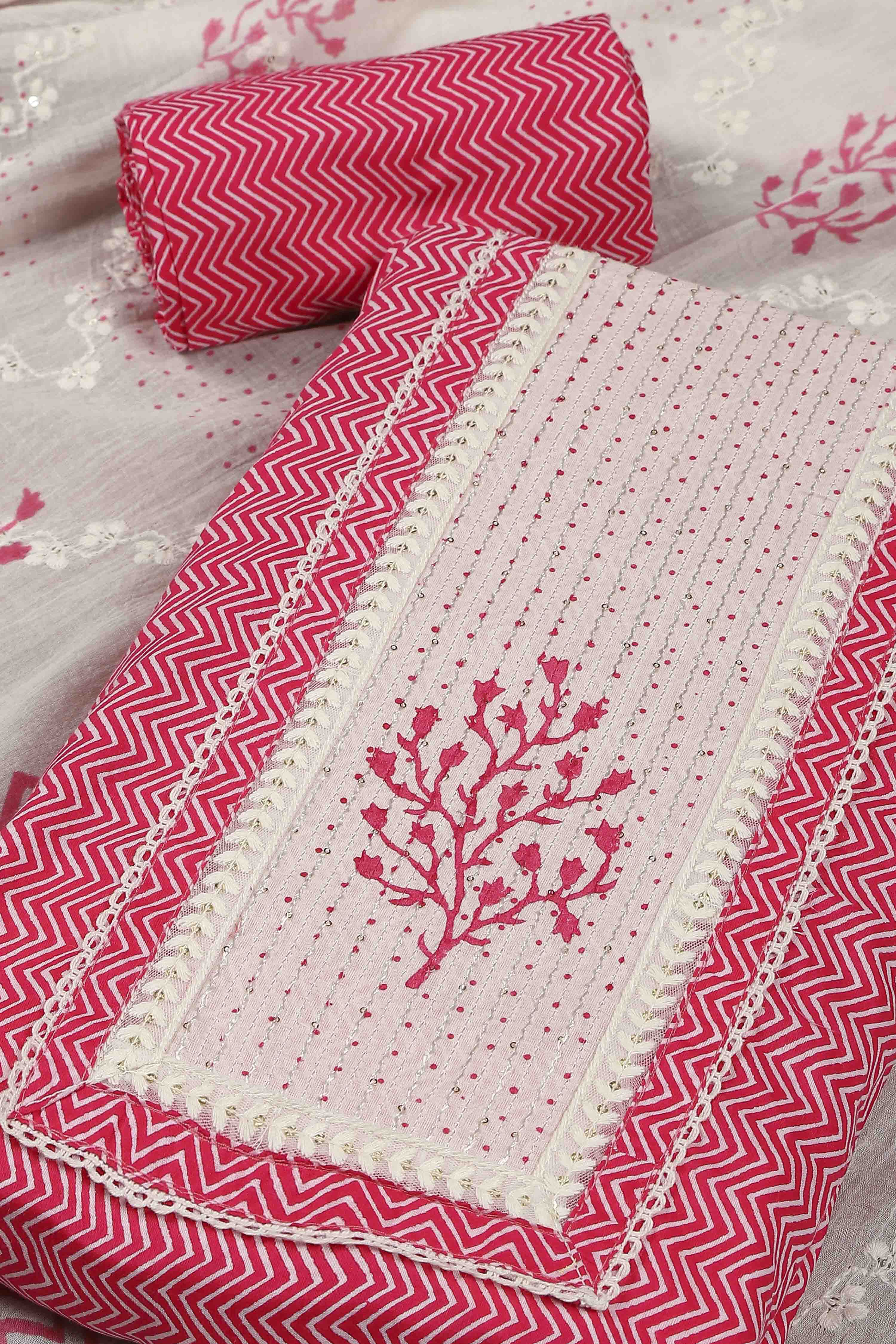 Pink Cotton Printed Embroidered Unstitched Suit Set image number 1