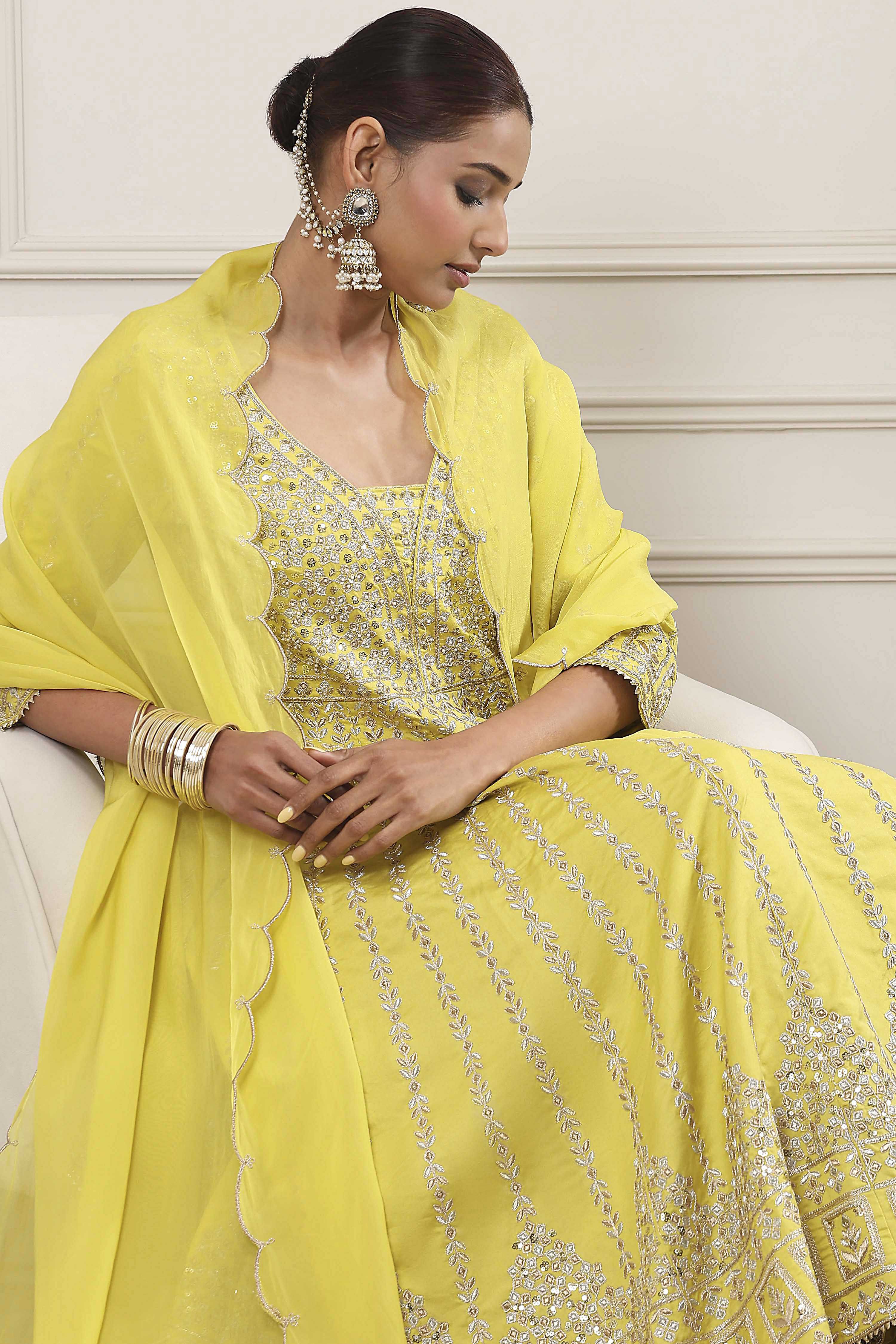 Lime Green Cotton Silk Anarkali Suit Set image number 7