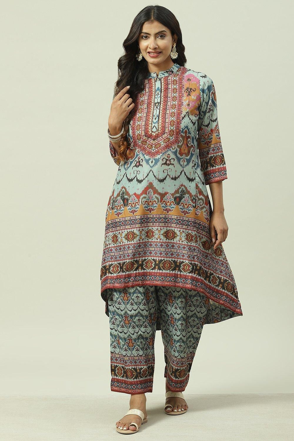Beige Cotton Blend Asymmetric Printed Kurta Suit Set image number 0
