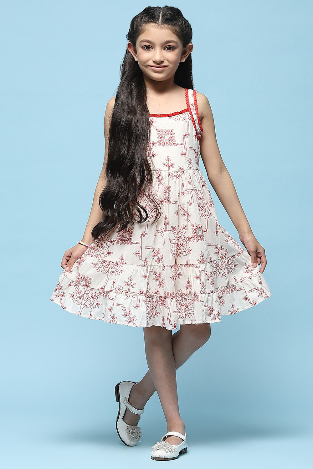 Ecru Red Printed Cambric Dress With Red Lace Detail On Neck image number 0