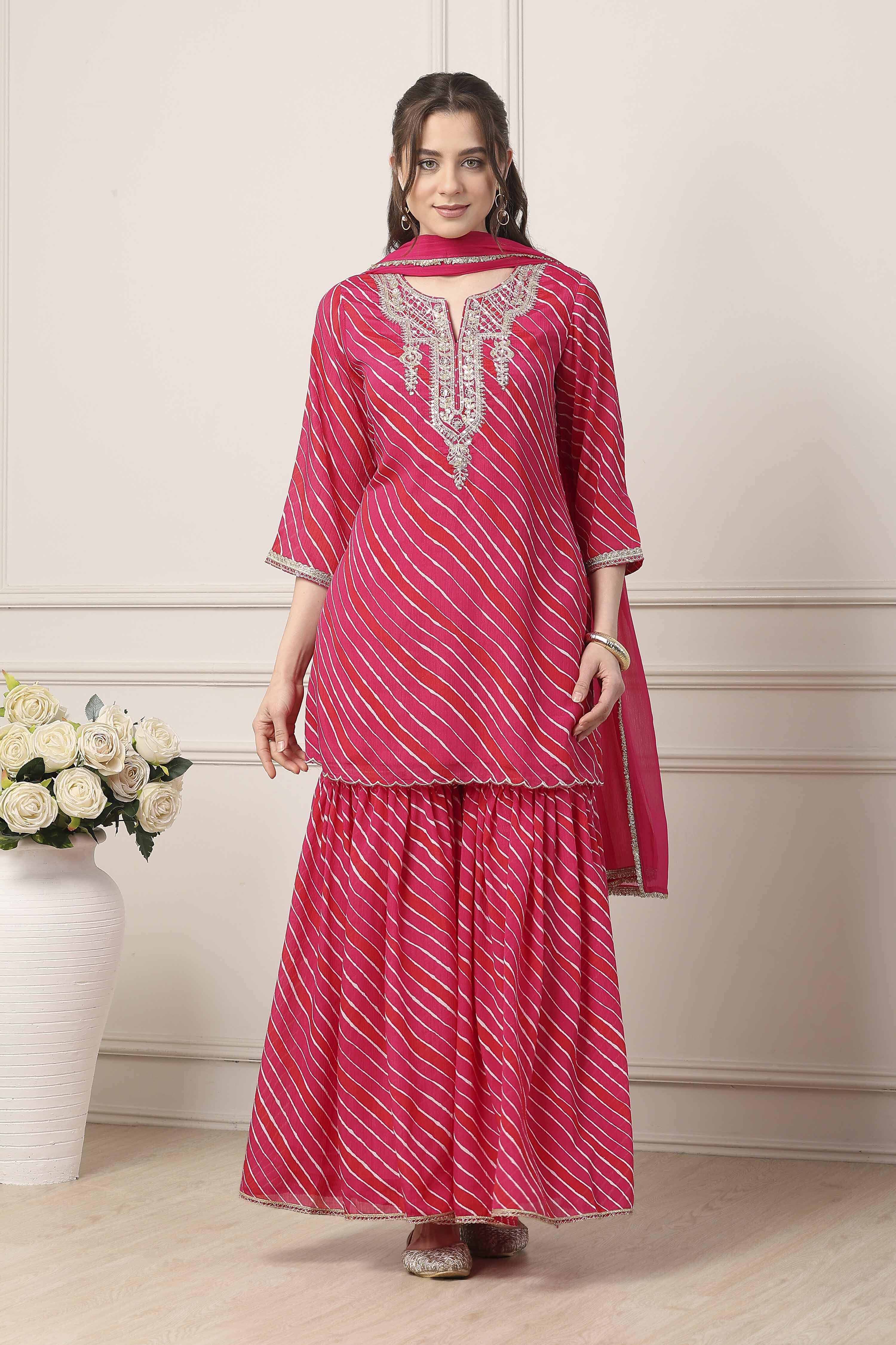Pink Striped Yoke Design Straight Suit Set image number 6