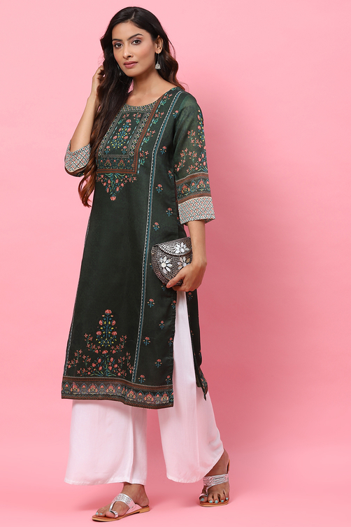 Dark Green A-Line Cotton Kurta image number 5