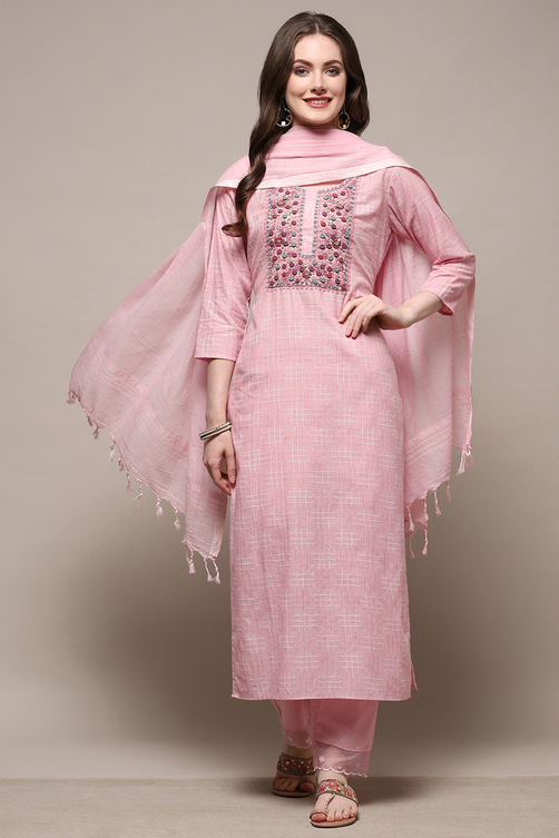 Pink Cotton Embroidered Unstitched Suit set image number 8