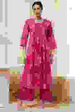 Pink Cotton Printed Pleated Kurta Set image number 6