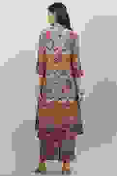 Beige Cotton Blend Asymmetric Printed Kurta Suit Set image number 4