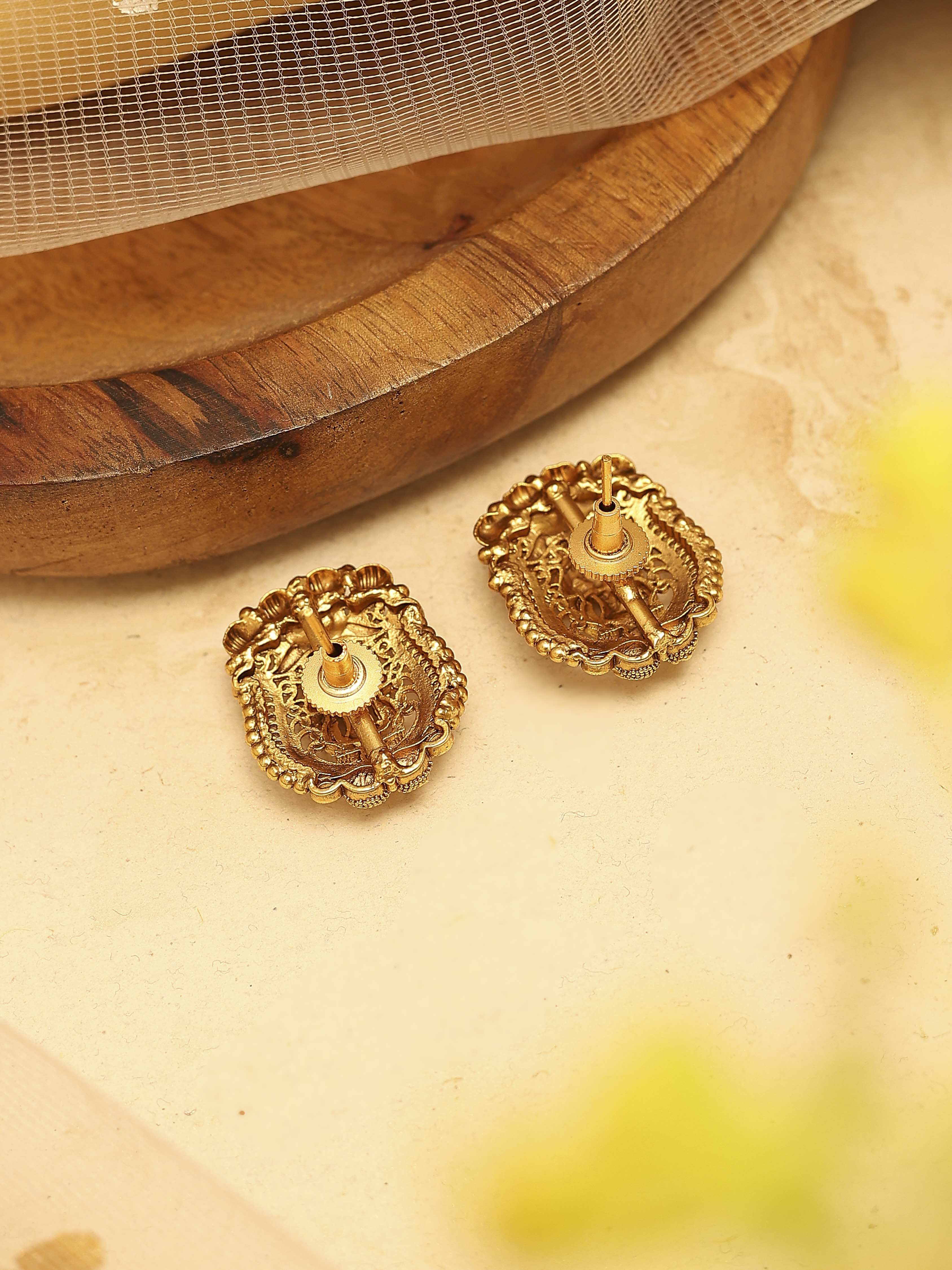 Gold Plated Brass Temple Stud Earrings image number 2