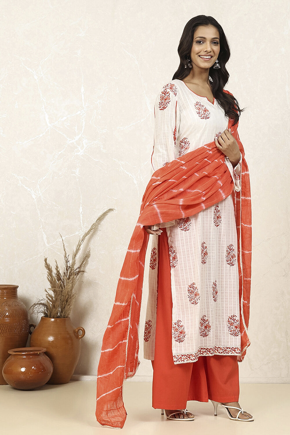 Red Cotton Hand Block Print Unstitched Suit Set image number 6