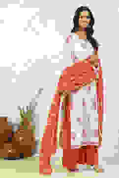 Red Cotton Hand Block Print Unstitched Suit Set image number 6