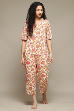 Off White & Red Rayon Printed 2 Piece Sleepwear Set image number 6