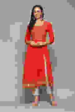 Red Cotton A-Line Printed Kurta image number 5