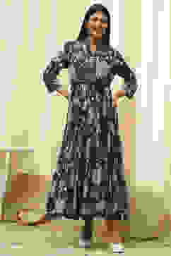 Earthy Blue Cotton Floral Tiered Dress image number 5