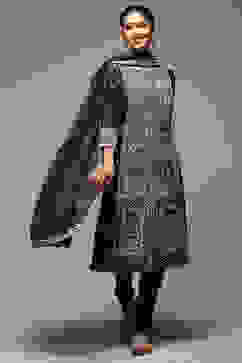 Navy Blue Cotton Blend Straight Kurta Churidar Suit Set image number 7