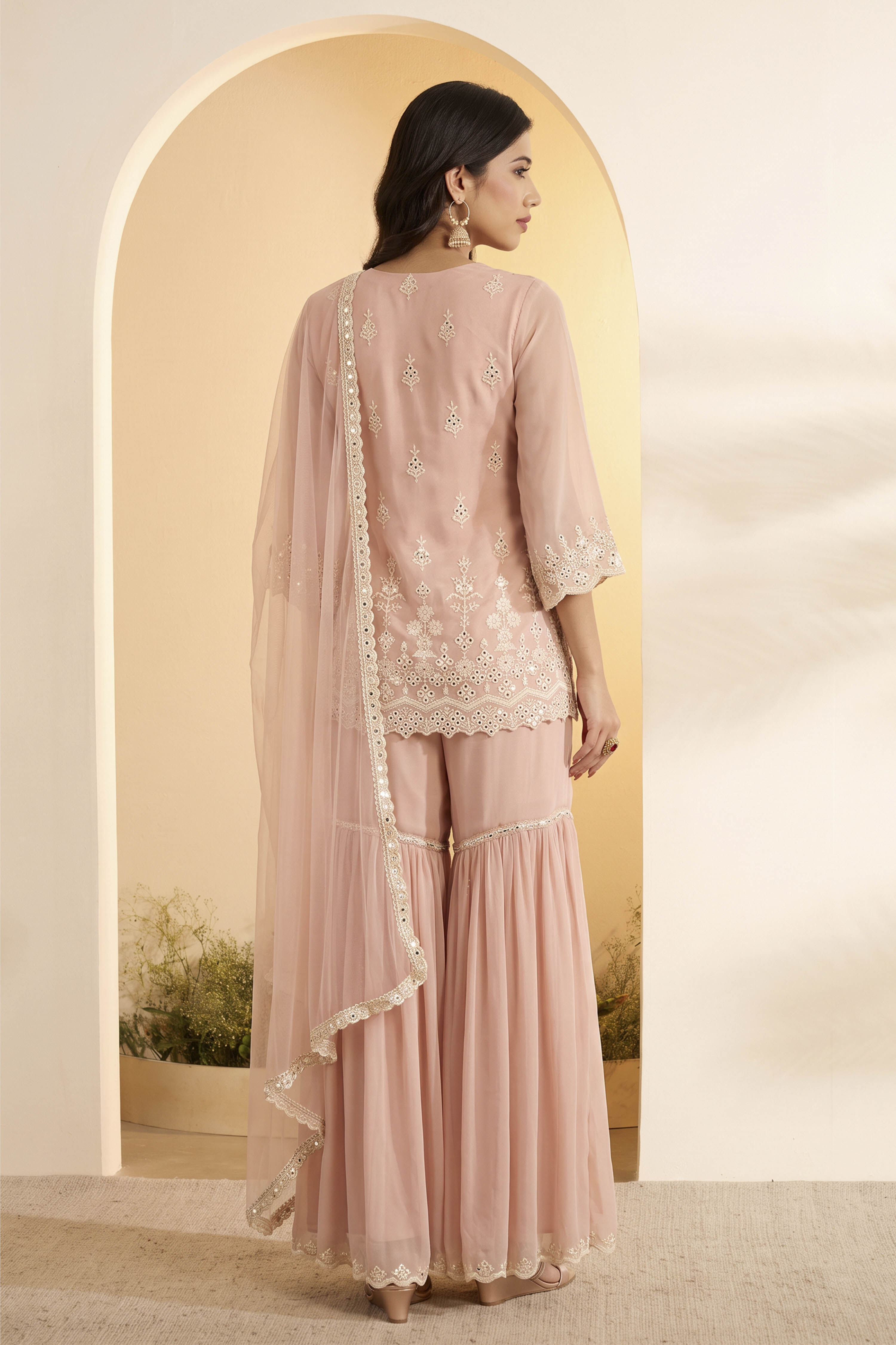 Blush Pink Embroidered Sharara Set with Net Dupatta image number 4
