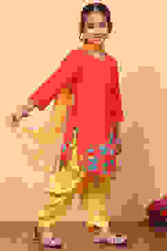 Red and Yellow Cotton Printed Straight Suit Set image number 3