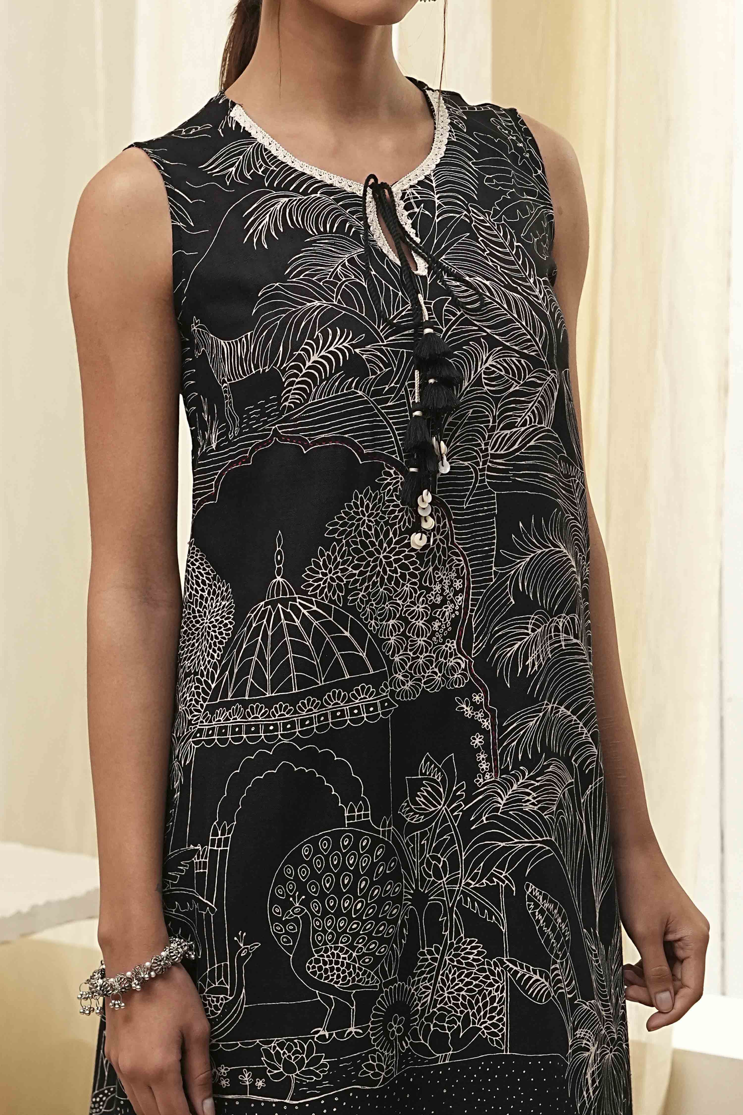 Black Printed Asymmetric Kurta Set image number 1