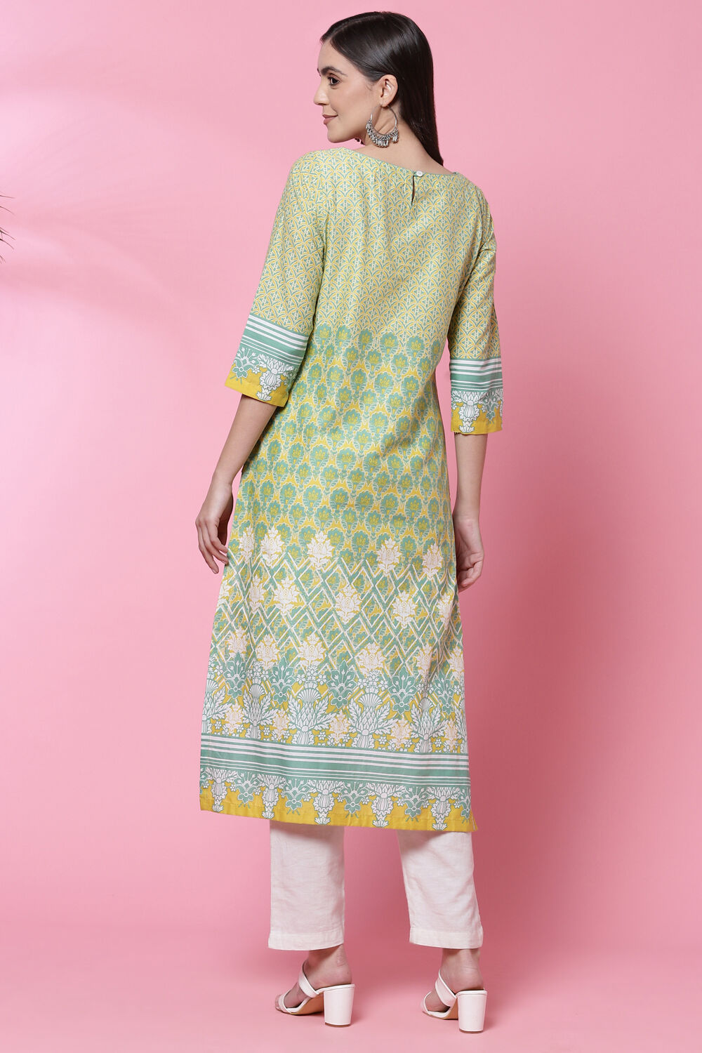 Lime Yellow Cotton Straight Kurta image number 4