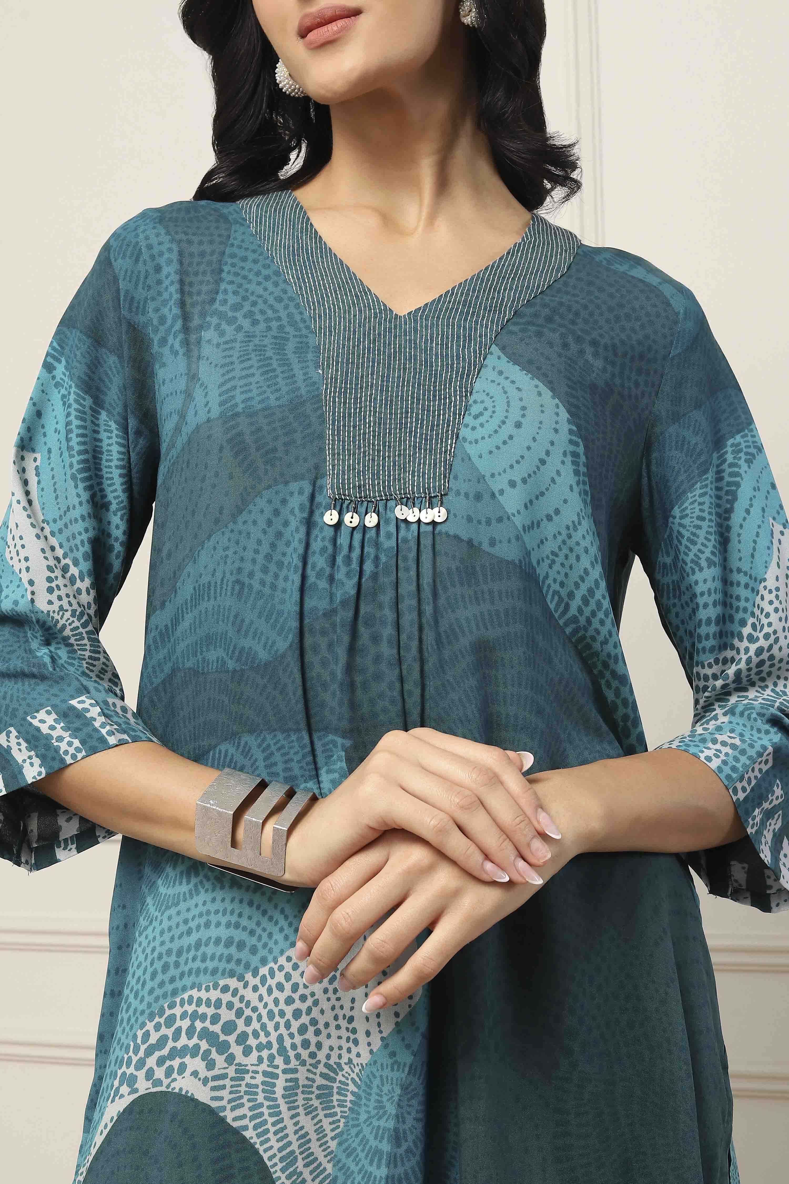 Teal Viscose Rayon Abstract Printed Straight Suit Set image number 1