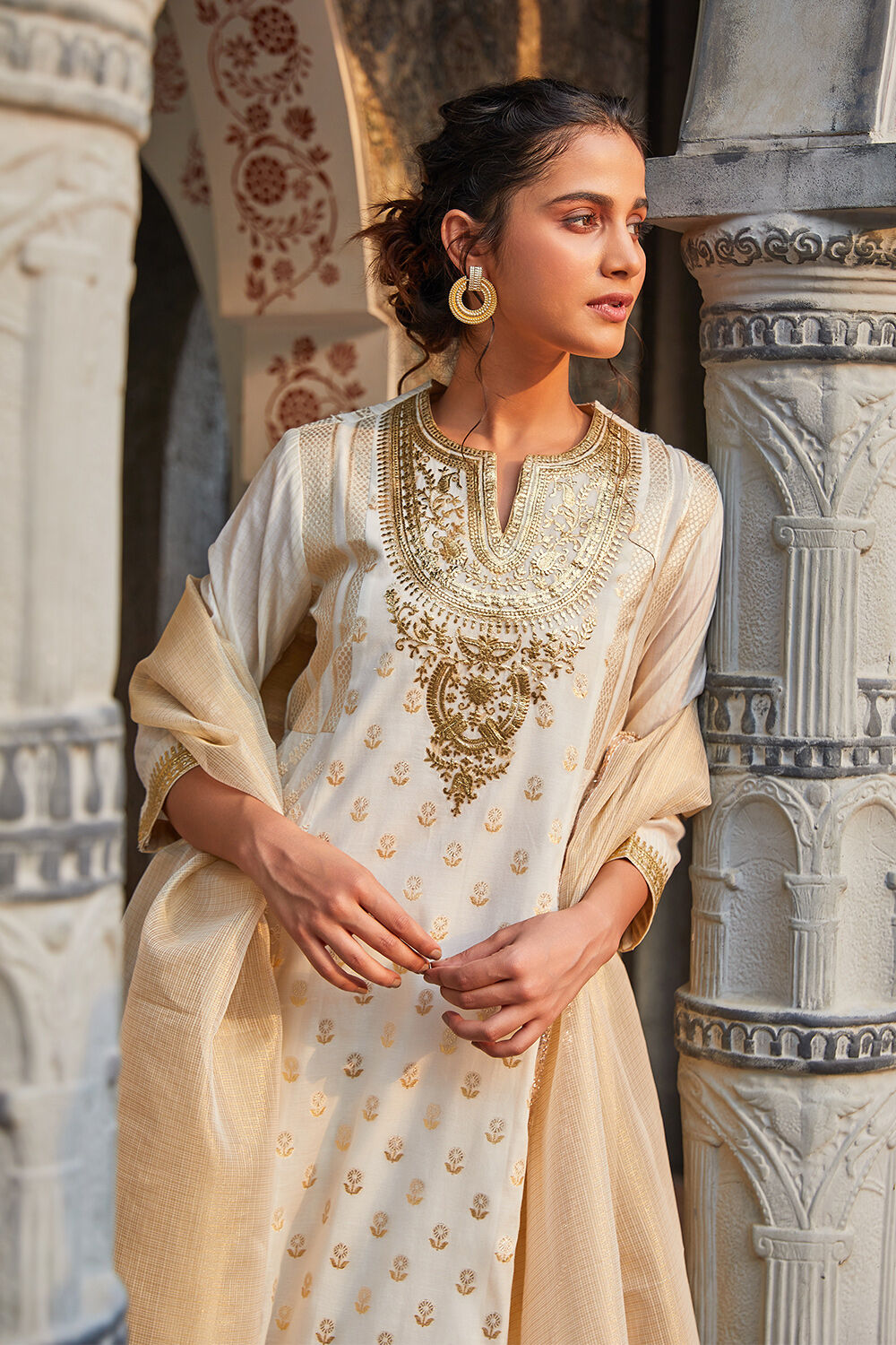 Off-white Yard-dyed A-Line & Palazzo Suit Set image number 1