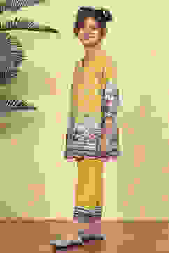 Yellow Cotton Printed A-Line Kurta Pants Set image number 3