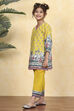Yellow Cotton Printed A-Line Kurta Pants Set image number 3