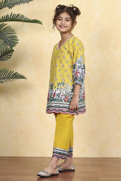 Yellow Cotton Printed A-Line Kurta Pants Set image number 3