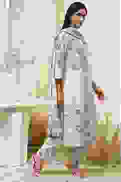 Off-White and Blue Cotton Straight Suit Set image number 5