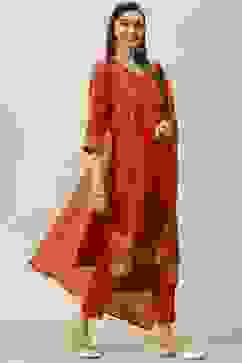 Red Printed Cotton Straight Kurta Slim Pants Suit Set image number 6