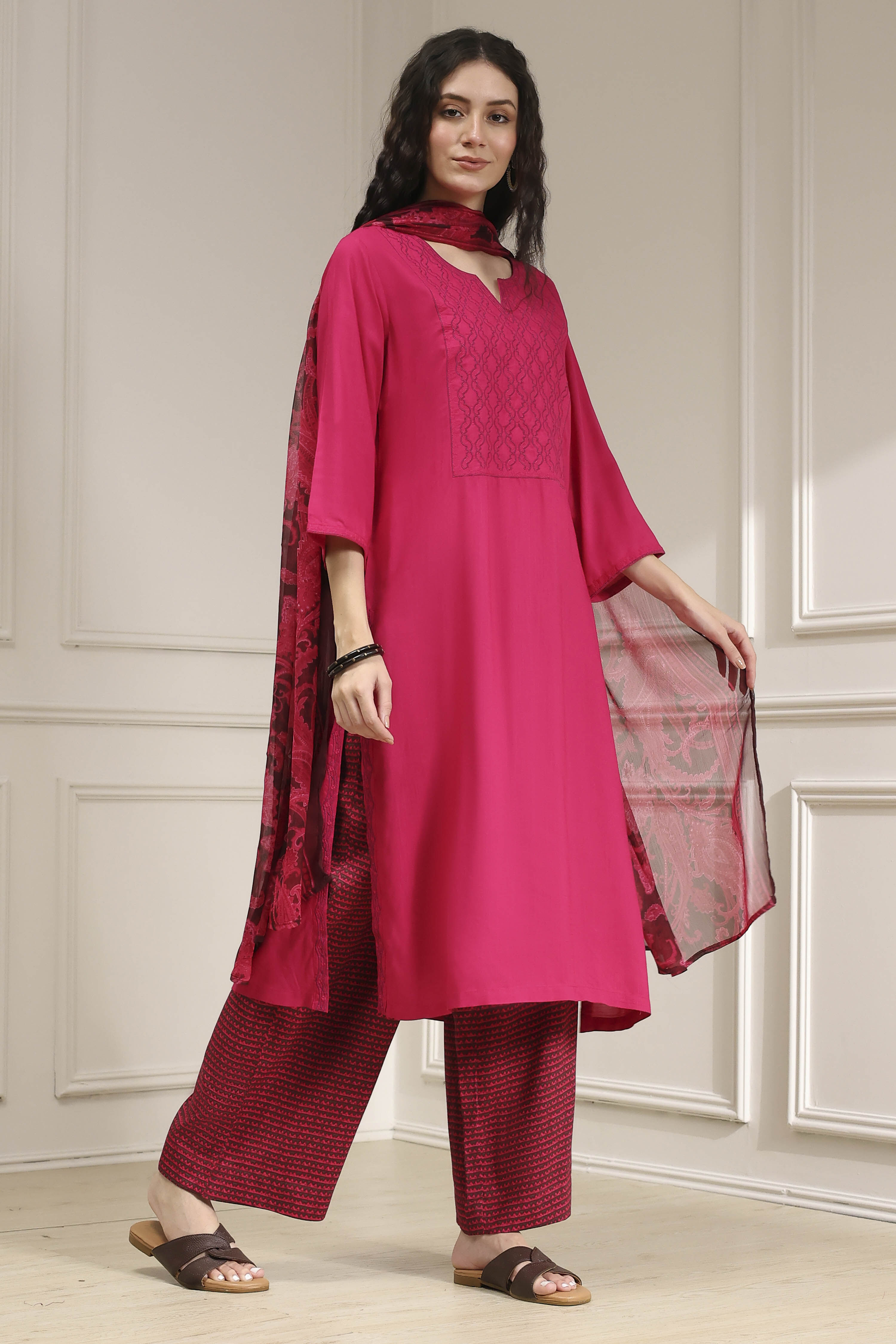 Pink Embroidered Straight Suit Set image number 5