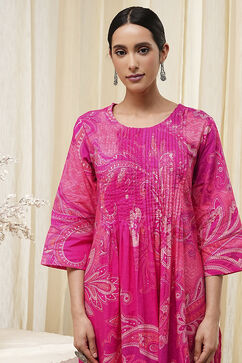 Pink Cotton Printed Pleated Kurta Set image number 1