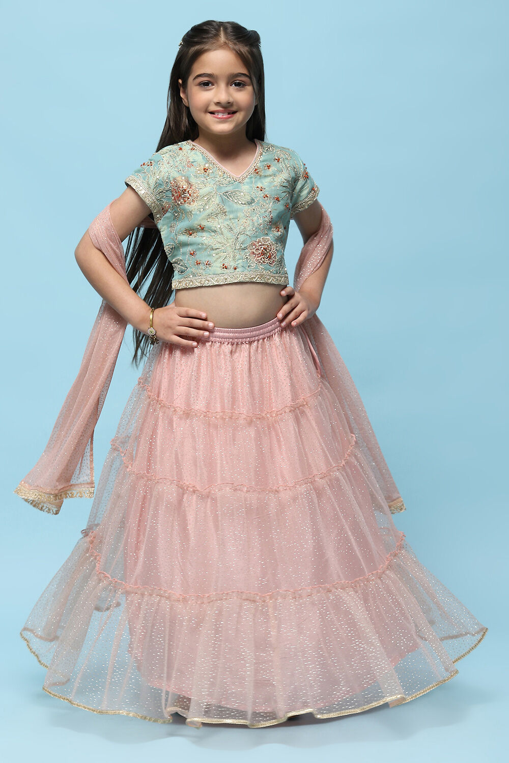 Green Cotton Tissue Blouse Tiered Lehenga & Net Dupatta image number 0