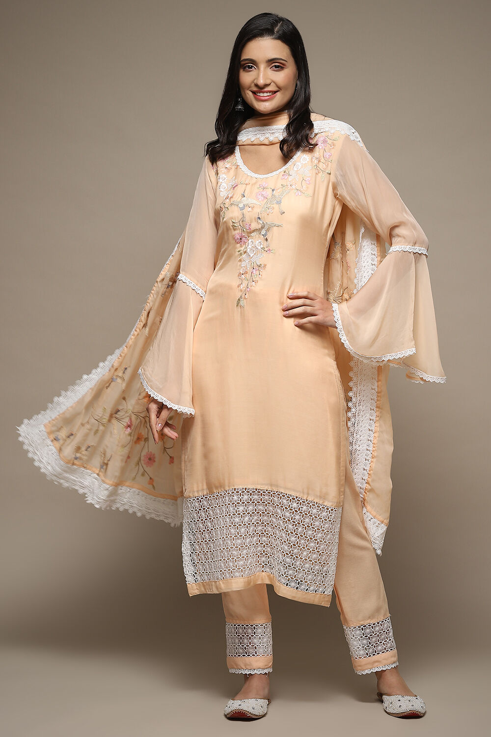 Peach Organza Lace Unstitched Suit Set image number 1