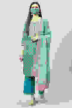 Teal Cotton Straight Kurta Palazzo Suit Set image number 7