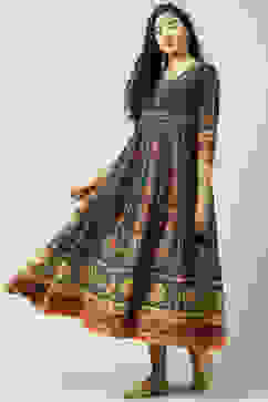 Teal Art Silk Flared Fusion Printed Dress image number 2